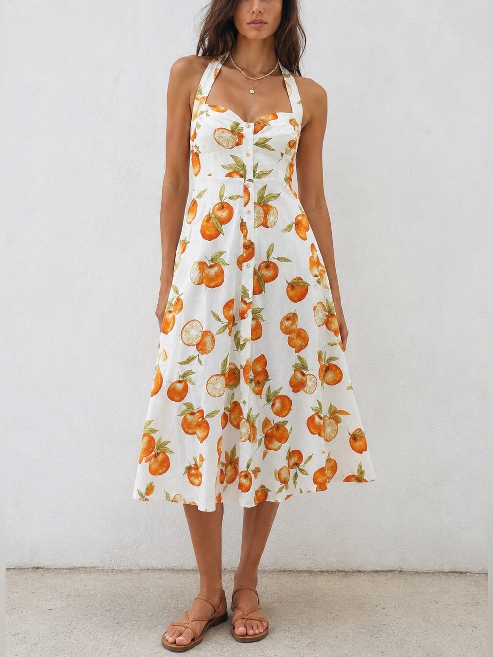 Zara NWT Citrus Print Linen Blend Halter Midi Dress XS
